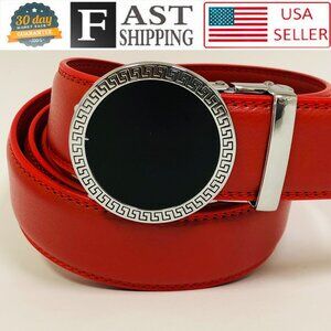 Red Belt Ratchet Belt for Men Leather Fashion Adjustable Automatic Slide No Hole